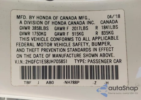 2018 Honda Civic Si z USA, uszkodzony, nr VIN 2HGFC1E58JH705851